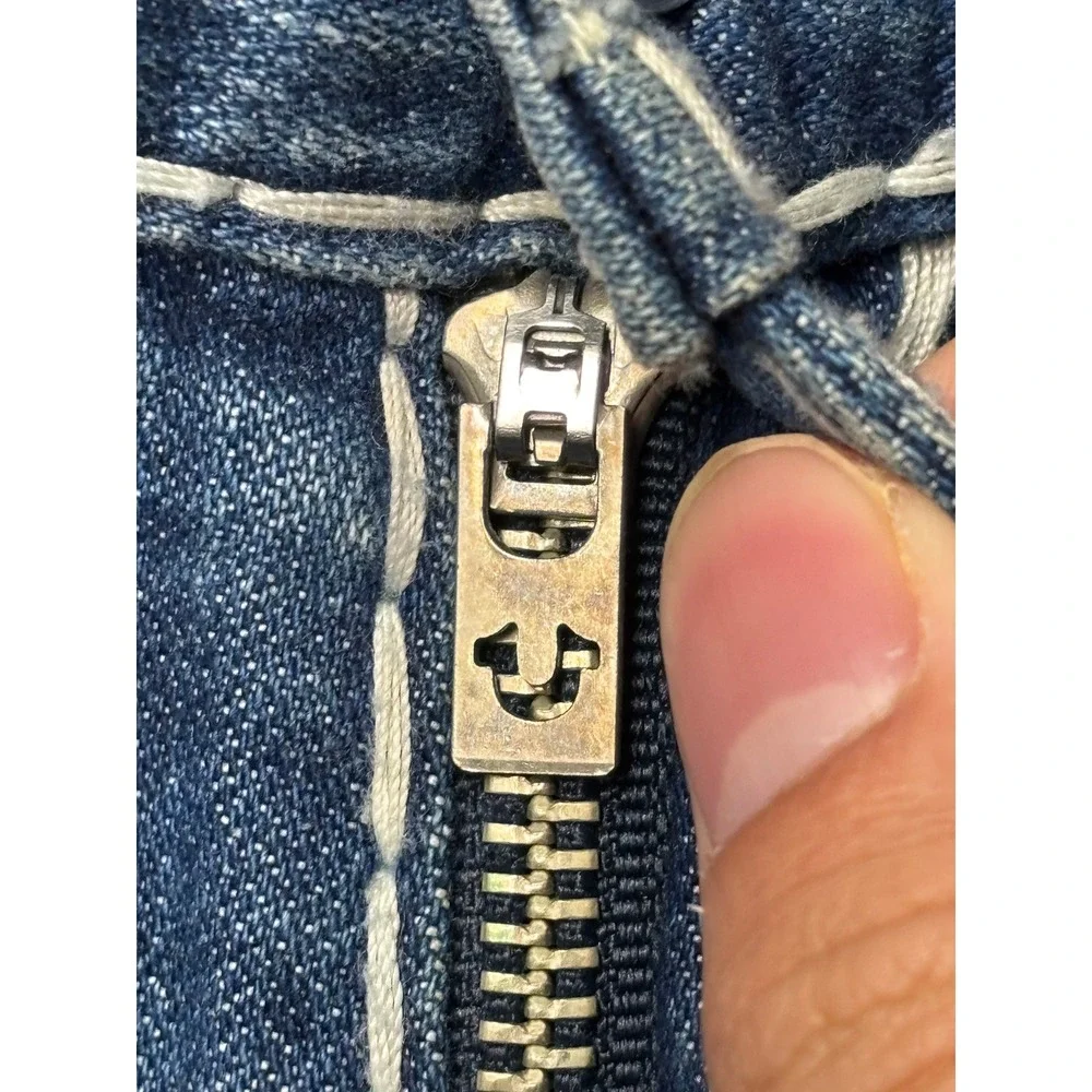 True Religion Straight Flap Natural Super QT Blue Jeans Mens 42X33 Thick Stitch